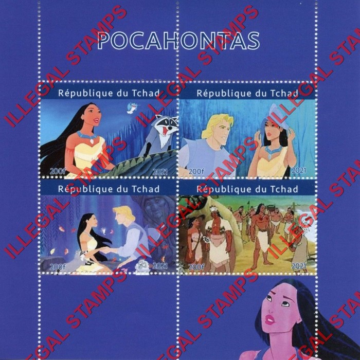Chad 2021 Pocahontas Illegal Stamps in Souvenir Sheet of 4