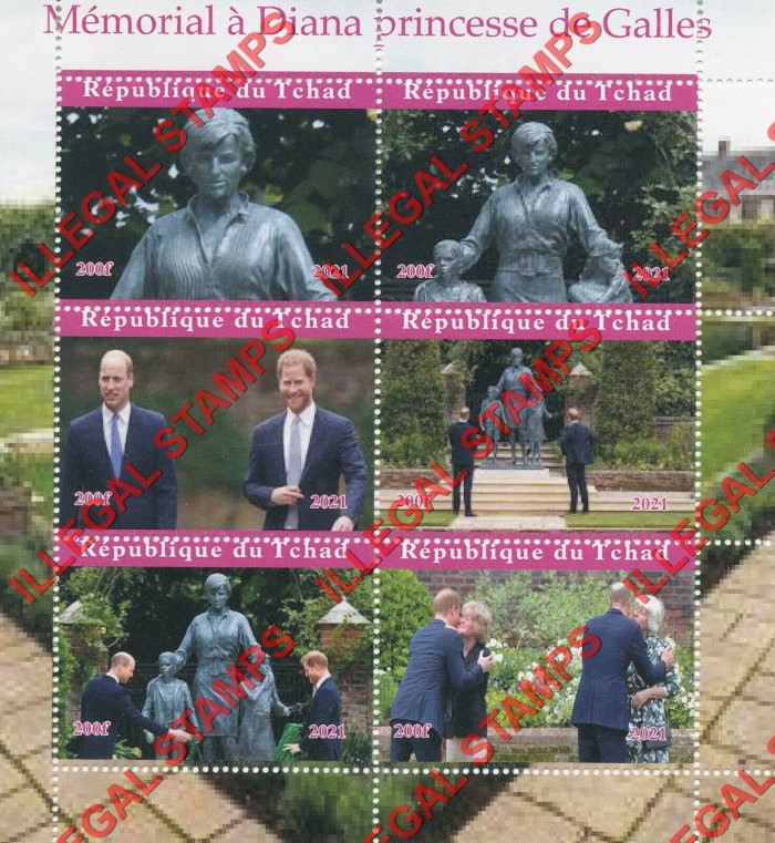 Chad 2021 Princess Diana Memorial Statue Illegal Stamps in Souvenir Sheet of 6