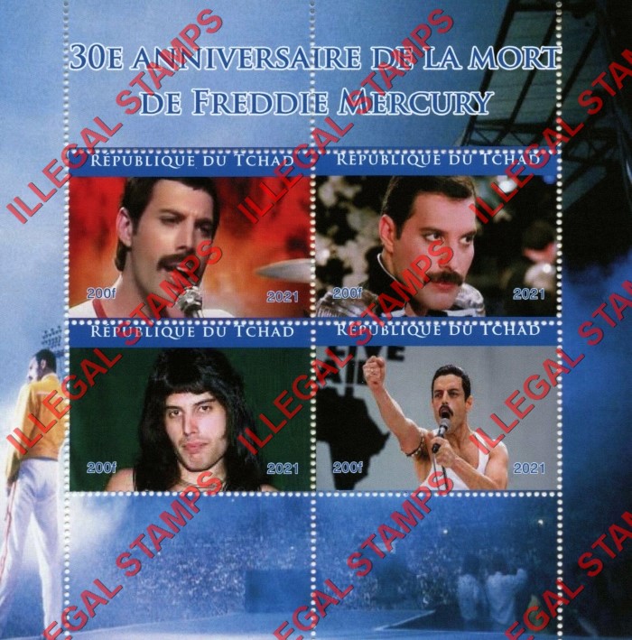 Chad 2021 Queen Freddie Mercury Illegal Stamps in Souvenir Sheet of 4