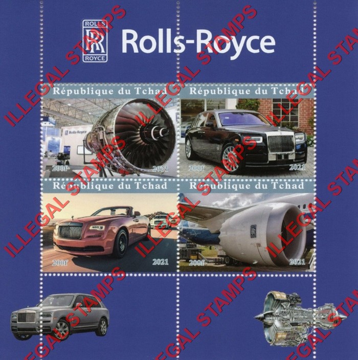 Chad 2021 Rolls Royce Illegal Stamps in Souvenir Sheet of 4