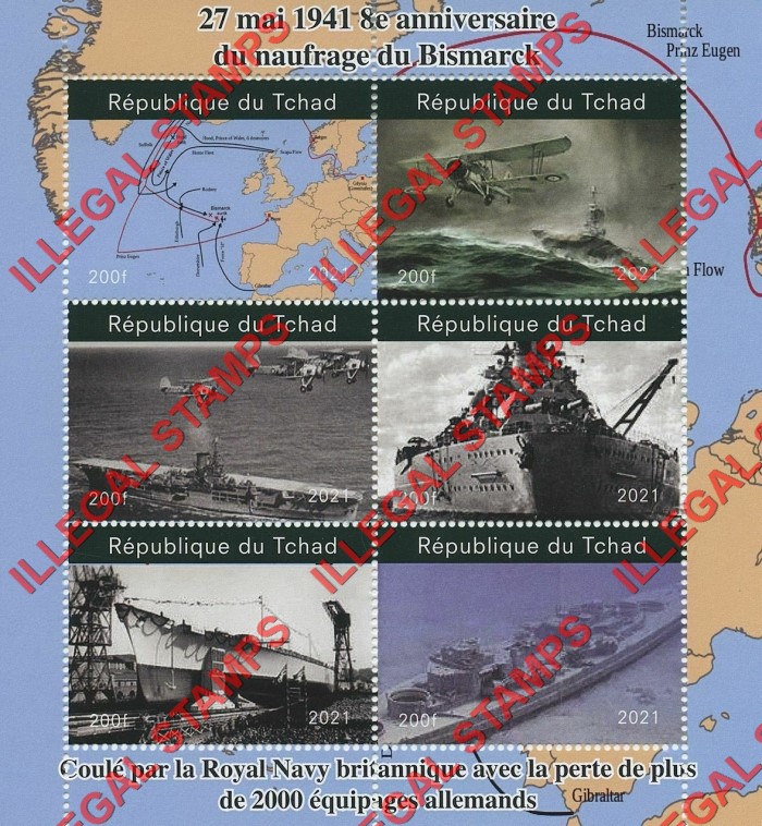 Chad 2021 Sinking of the Bismarck in World War II Illegal Stamps in Souvenir Sheet of 4