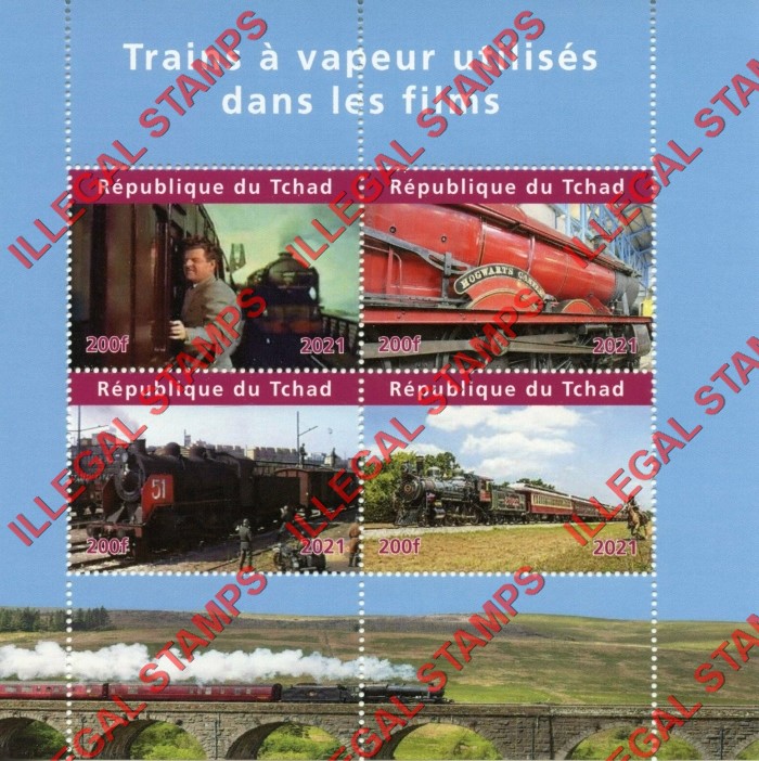 Chad 2021 Steam Locomotives used in Films Hogwarts Express Illegal Stamps in Souvenir Sheet of 4