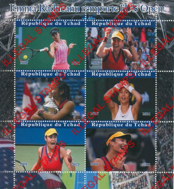 Chad 2021 Tennis Emma Raducanu U.S. Open Champion Illegal Stamps in Souvenir Sheet of 6