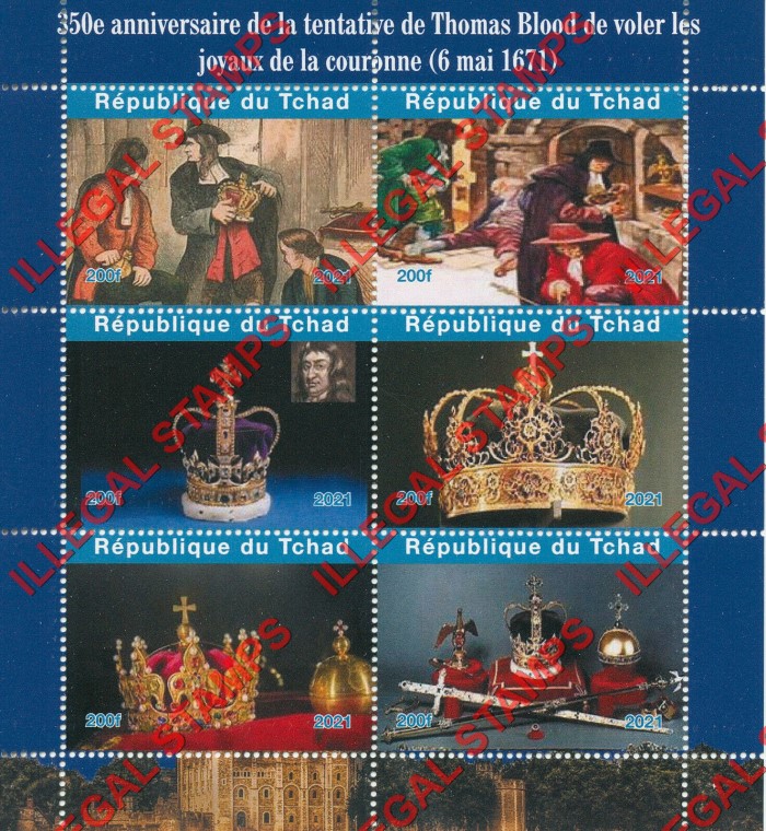 Chad 2021 Thomas Blood and the Crown Jewels Illegal Stamps in Souvenir Sheet of 6
