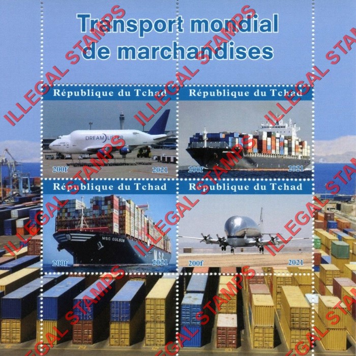 Chad 2021 Transport World Merchandise Illegal Stamps in Souvenir Sheet of 4