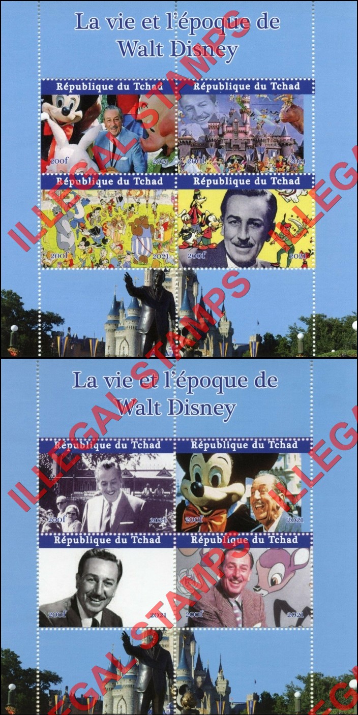 Chad 2021 Walt Disney Life and Times Illegal Stamps in Souvenir Sheets of 4