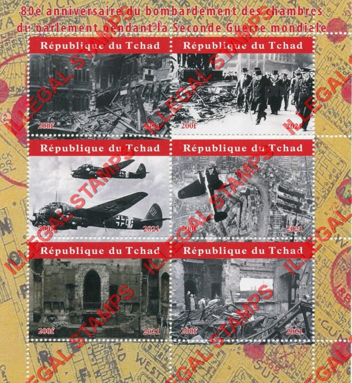 Chad 2021 World War II Bombing of the Chamber of Parliament Illegal Stamps in Souvenir Sheet of 6