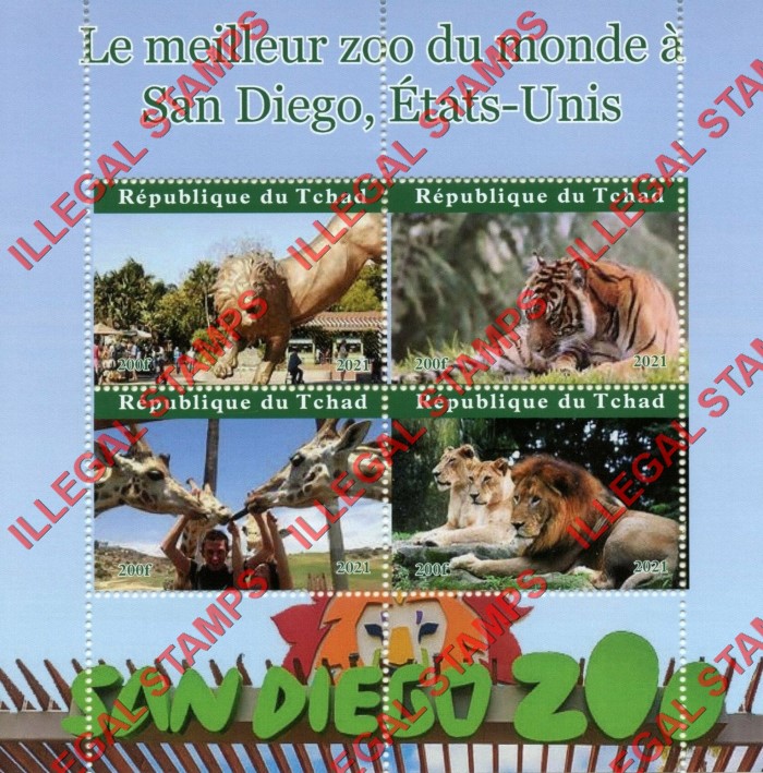 Chad 2021 Zoo Animals The best zoo in the world in San Diego, USA Illegal Stamps in Souvenir Sheet of 4
