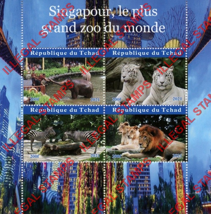 Chad 2021 Zoo Animals Singapore, the largest zoo in the world Illegal Stamps in Souvenir Sheet of 4