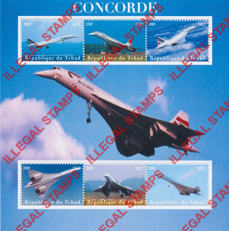 Chad 2022 Aircraft Concorde Illegal Stamps in Souvenir Sheet of 6