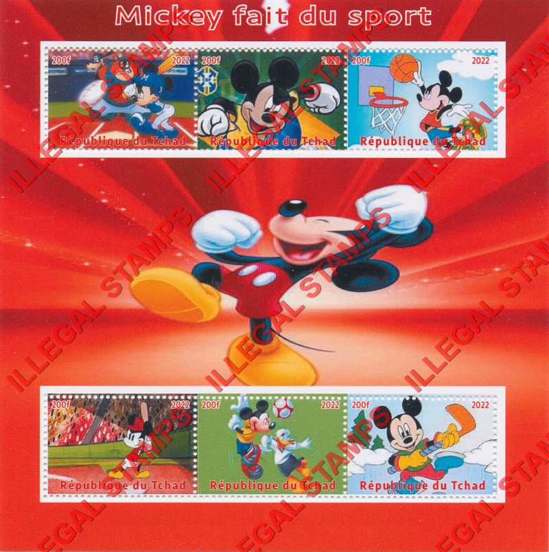 Chad 2022 Disney Mickey Mouse Playing Sports Illegal Stamps in Souvenir Sheet of 6