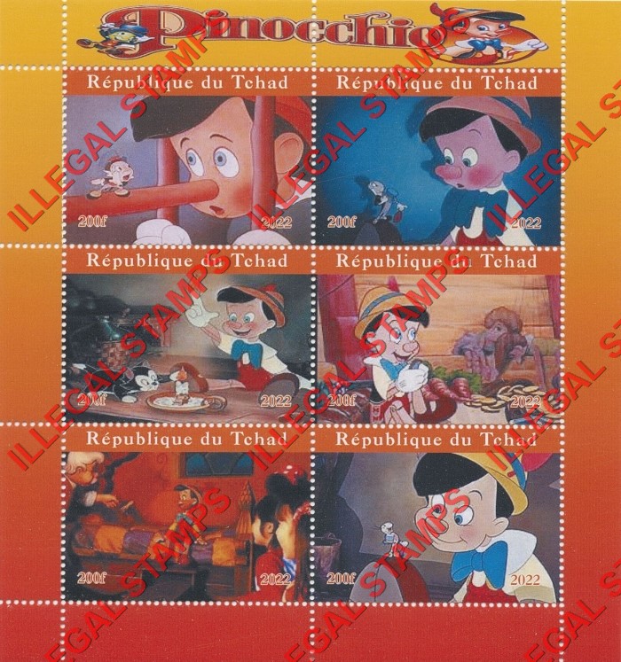 Chad 2022 Disney Pinocchio Illegal Stamps in Souvenir Sheet of 6