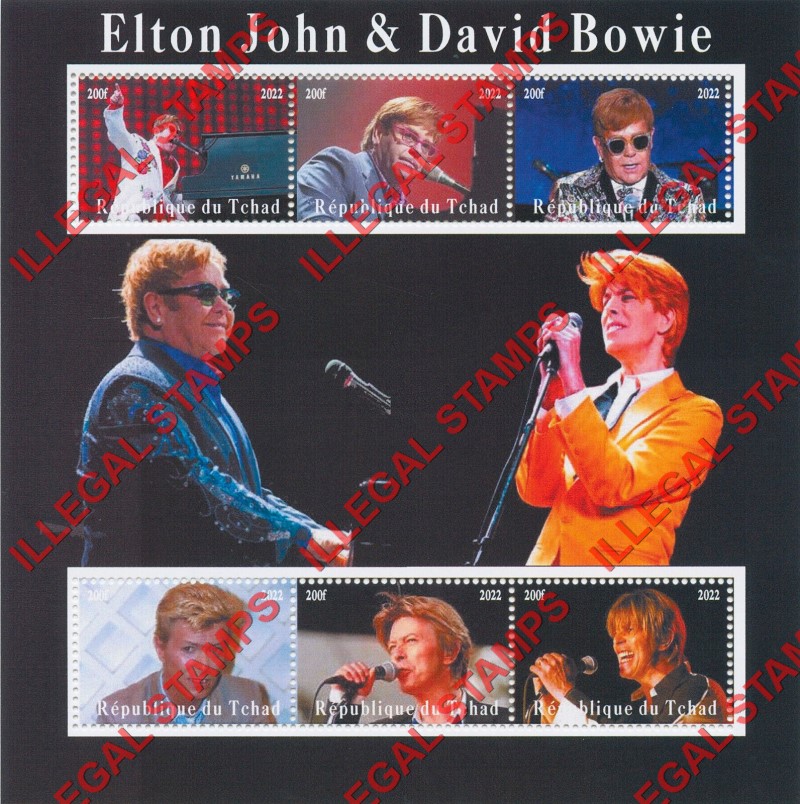 Chad 2022 Elton John and David Bowie Illegal Stamps in Souvenir Sheet of 6