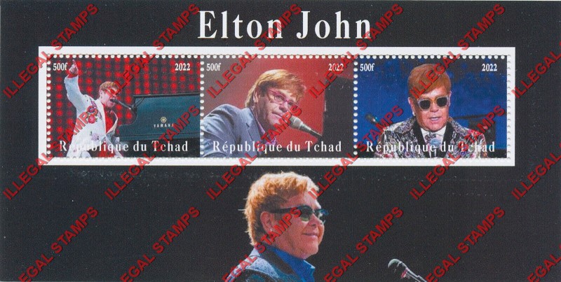 Chad 2022 Elton John and David Bowie Illegal Stamps in Souvenir Sheet of 3 (Sheet 1)