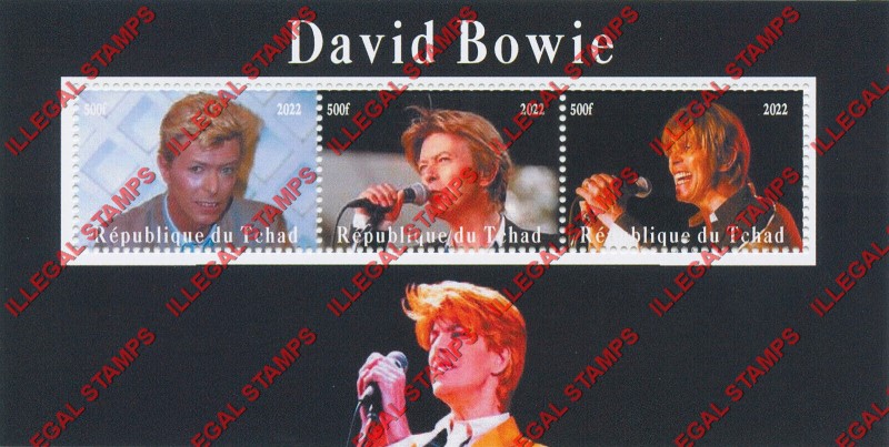 Chad 2022 Elton John and David Bowie Illegal Stamps in Souvenir Sheet of 3 (Sheet 2)