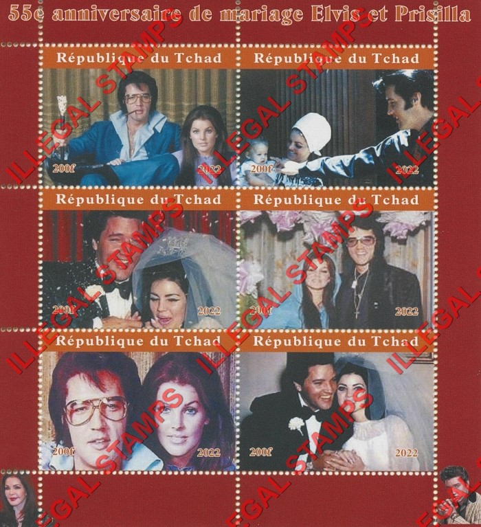 Chad 2022 Elvis Presley Marriage to Prisilla Illegal Stamps in Souvenir Sheet of 6