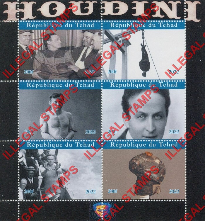 Chad 2022 Houdini Illegal Stamps in Souvenir Sheet of 6