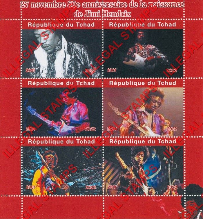 Chad 2022 Jimi Hendrix Illegal Stamps in Souvenir Sheet of 6