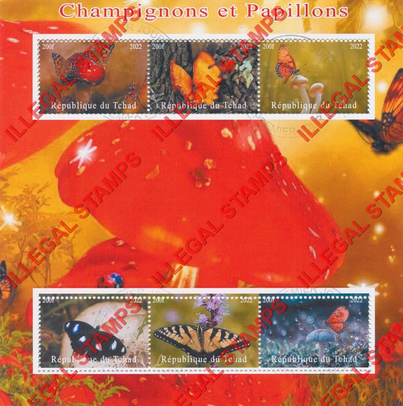 Chad 2022 Mushrooms and Butterflies Illegal Stamps in Souvenir Sheet of 6