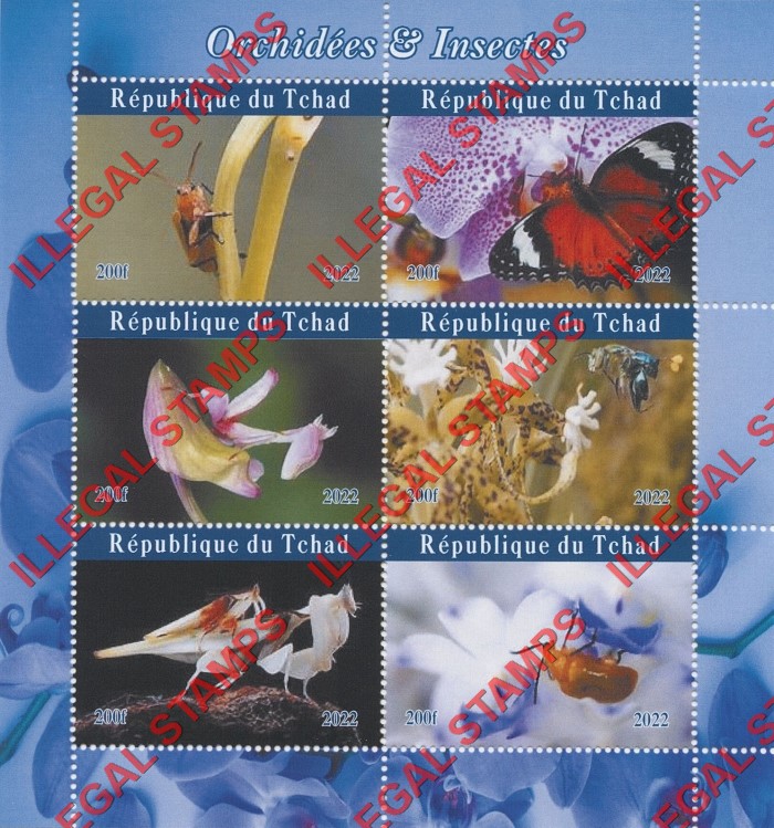 Chad 2022 Orchids and Insects Illegal Stamps in Souvenir Sheet of 6 (Sheet 1)