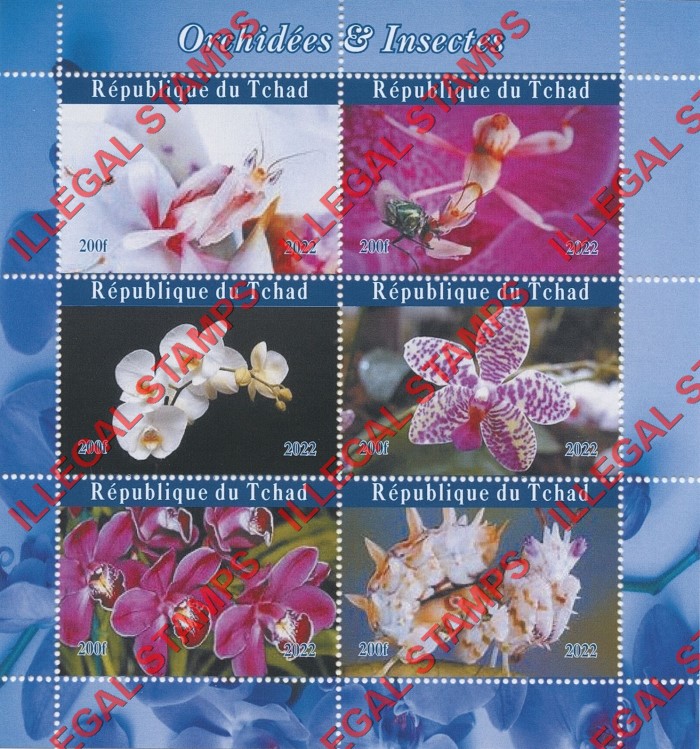 Chad 2022 Orchids and Insects Illegal Stamps in Souvenir Sheet of 6 (Sheet 2)
