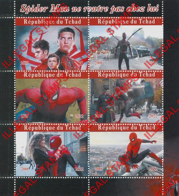 Chad 2022 Spiderman No Way Home Illegal Stamps in Souvenir Sheet of 6