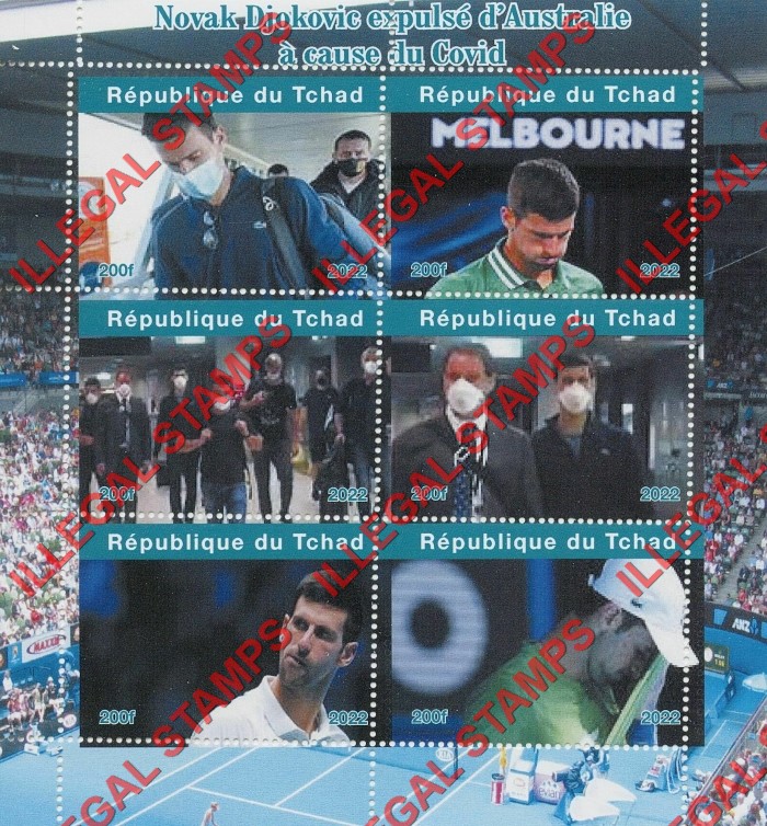 Chad 2022 Tennis Novak Djokovic Expulsion for Covid Illegal Stamps in Souvenir Sheet of 6