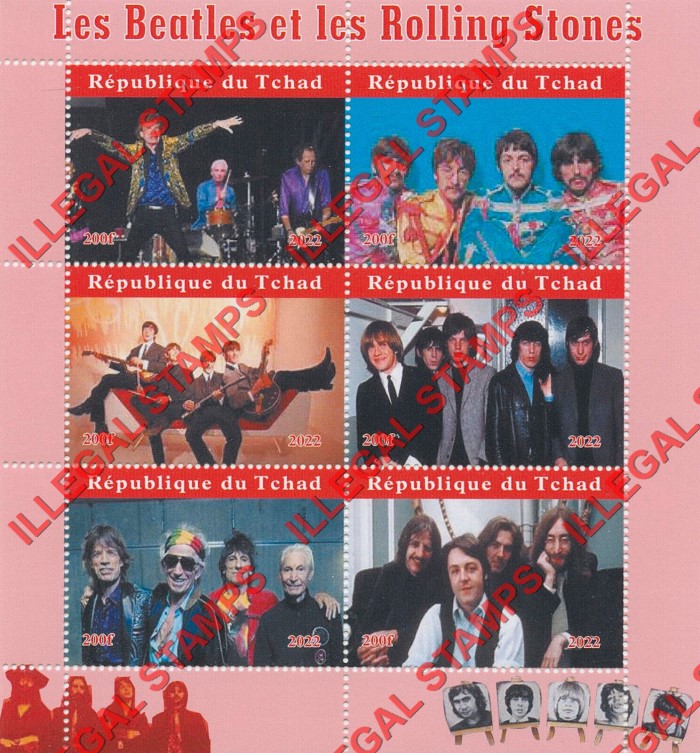 Chad 2022 The Beatles and The Rolling Stones Illegal Stamps in Souvenir Sheet of 6