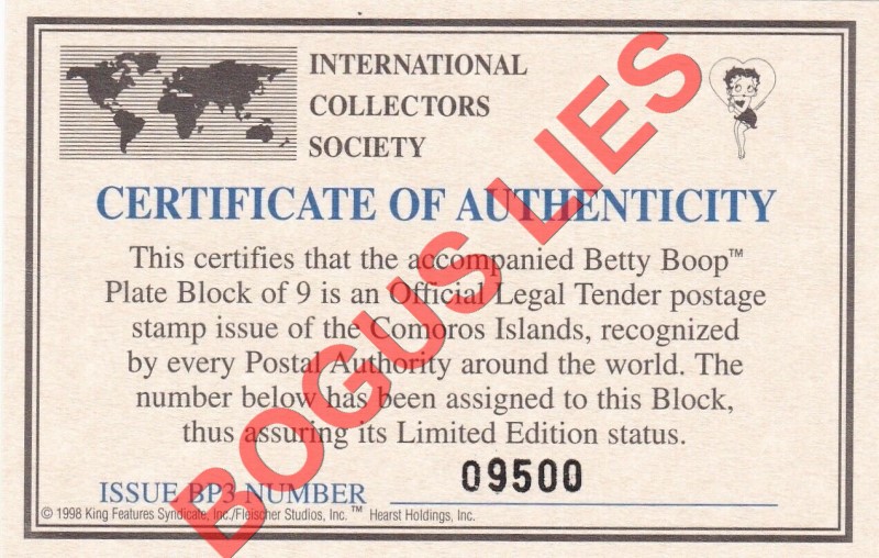 Comoro Islands 1998 Betty Boop Stamp Souvenir Sheet of 9 Bogus ICS Certificate
