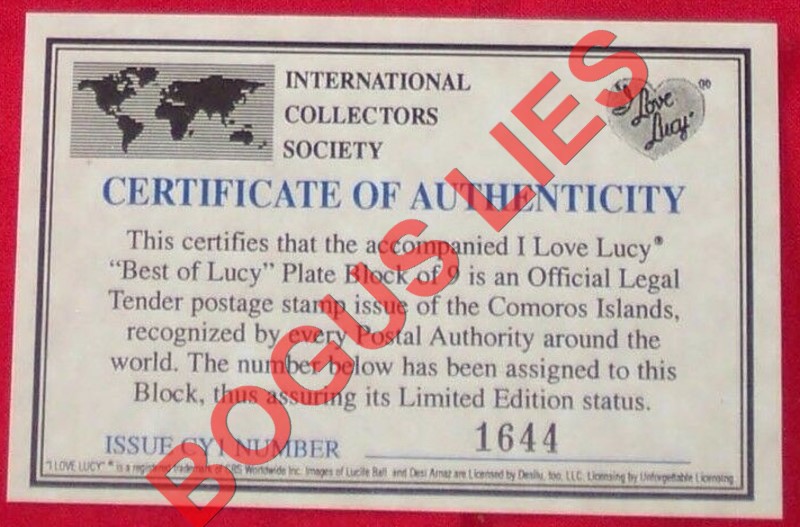 Comoro Islands 1998 I Love Lucy Stamp Souvenir Sheet of 9 Bogus ICS Certificate