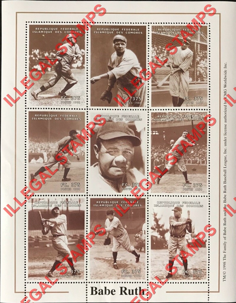 Comoro Islands 1998 Babe Ruth Counterfeit Illegal Stamp Souvenir Sheet of 9