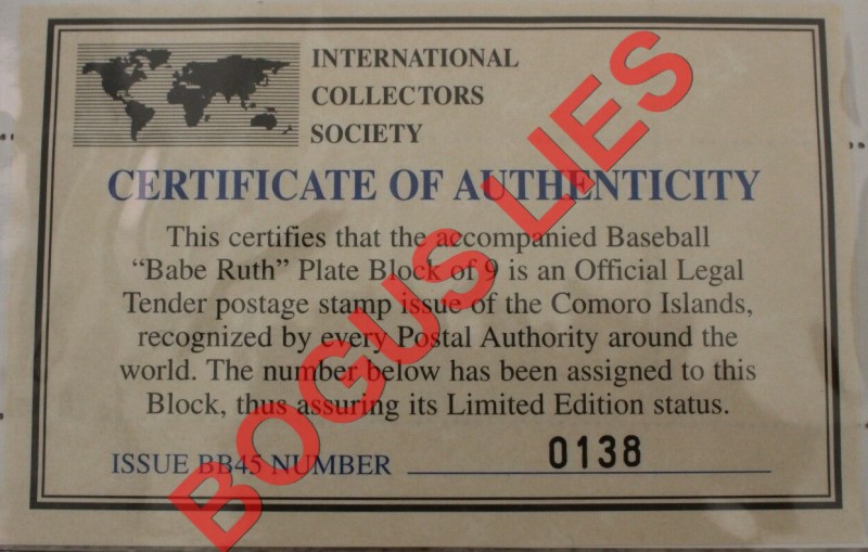 Comoro Islands 1998 Babe Ruth Counterfeit Illegal Stamp Souvenir Sheet of 9 Bogus ICS Certificate