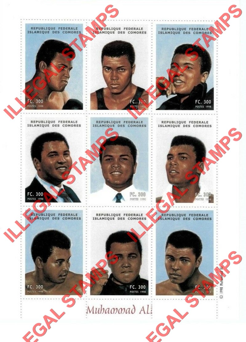 Comoro Islands 1998 Muhammad Ali Counterfeit Illegal Stamp Souvenir Sheet of 9