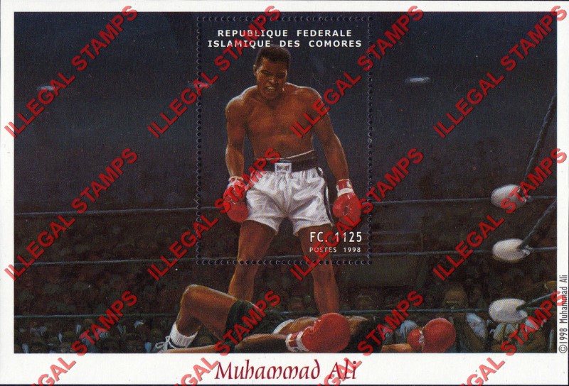 Comoro Islands 1998 Muhammad Ali Counterfeit Illegal Stamp Souvenir Sheet of 1