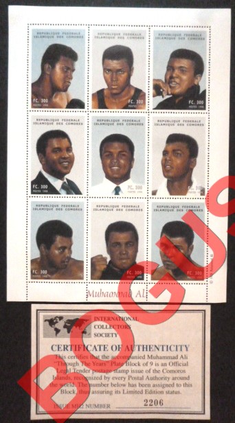 Comoro Islands 1998 Muhammad Ali Counterfeit Illegal Stamp Souvenir Sheet of 9 Bogus ICS Certificate