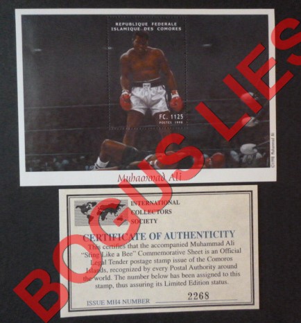 Comoro Islands 1998 Muhammad Ali Counterfeit Illegal Stamp Souvenir Sheet of 1 with Bogus ICS Certificate