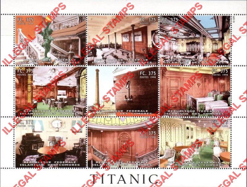 Comoro Islands 1998 Titanic Counterfeit Illegal Stamp Souvenir Sheet of 9