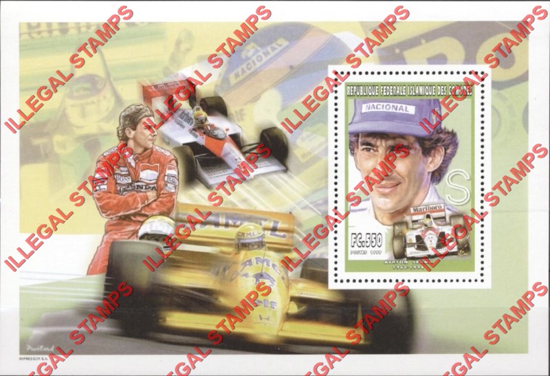Comoro Islands 1999 Ayrton Senna Counterfeit Illegal Stamp Souvenir Sheet of 1