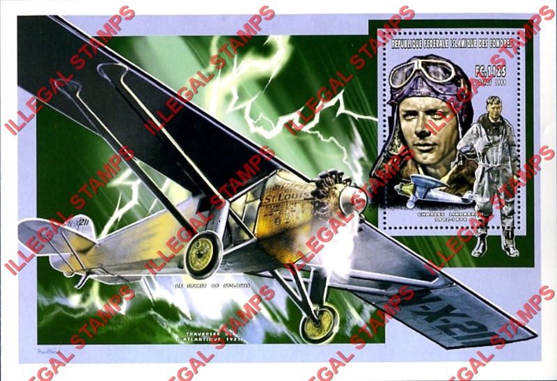 Comoro Islands 1999 Charles Lindbergh Counterfeit Illegal Stamp Souvenir Sheet of 1
