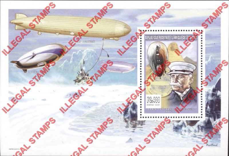 Comoro Islands 1999 Ferdinand von Zeppelin Counterfeit Illegal Stamp Souvenir Sheet of 1