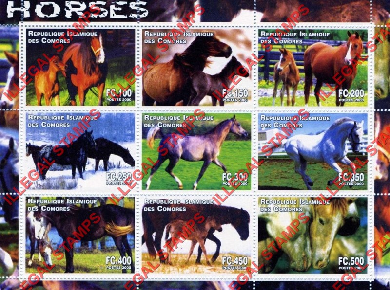 Comoro Islands 2000 Horses Counterfeit Illegal Stamp Souvenir Sheet of 9
