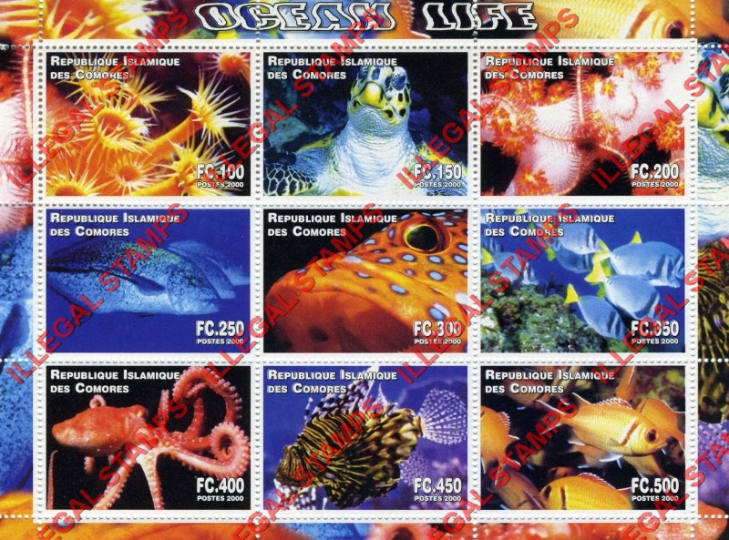 Comoro Islands 2000 Ocean Life Counterfeit Illegal Stamp Souvenir Sheet of 9