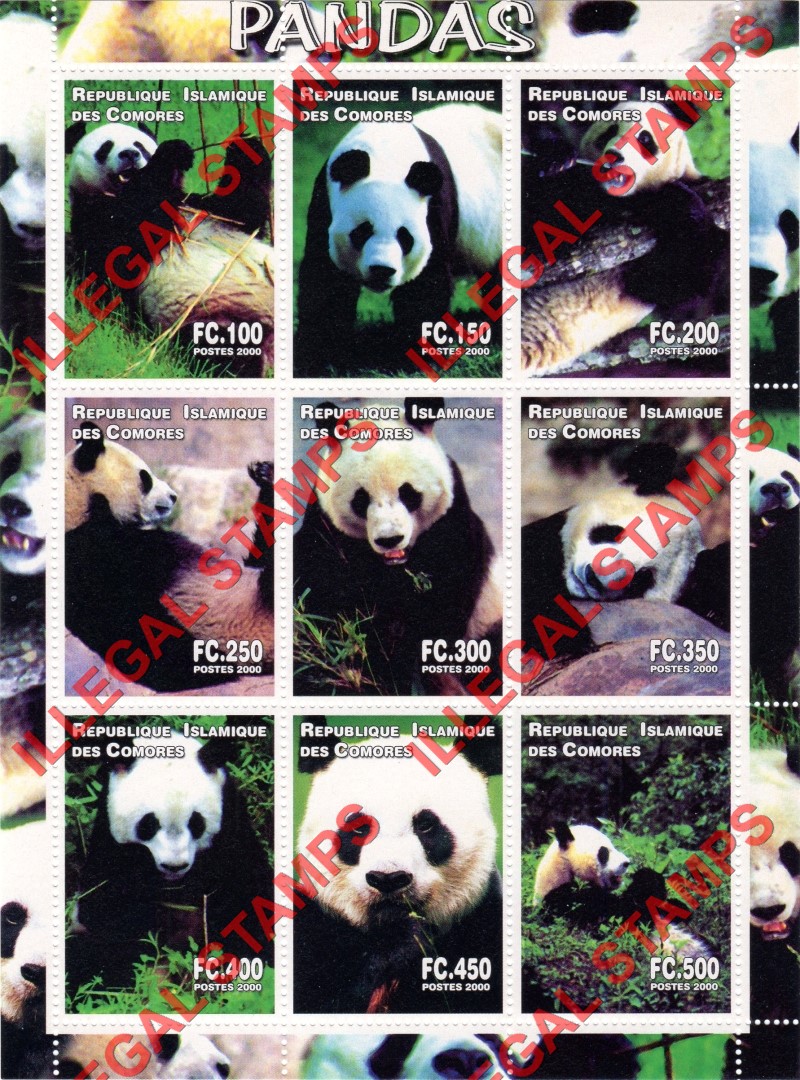 Comoro Islands 2000 Pandas Counterfeit Illegal Stamp Souvenir Sheet of 9