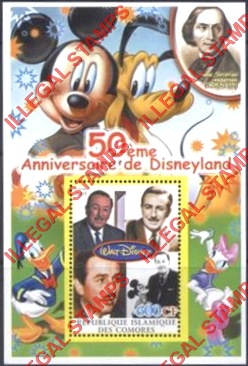 Comoro Islands 2004 50th Anniversary of Disneyland Counterfeit Illegal Stamp Souvenir Sheet of 1 (Sheet 1)