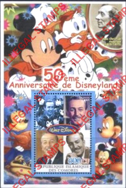 Comoro Islands 2004 50th Anniversary of Disneyland Counterfeit Illegal Stamp Souvenir Sheet of 1 (Sheet 3)
