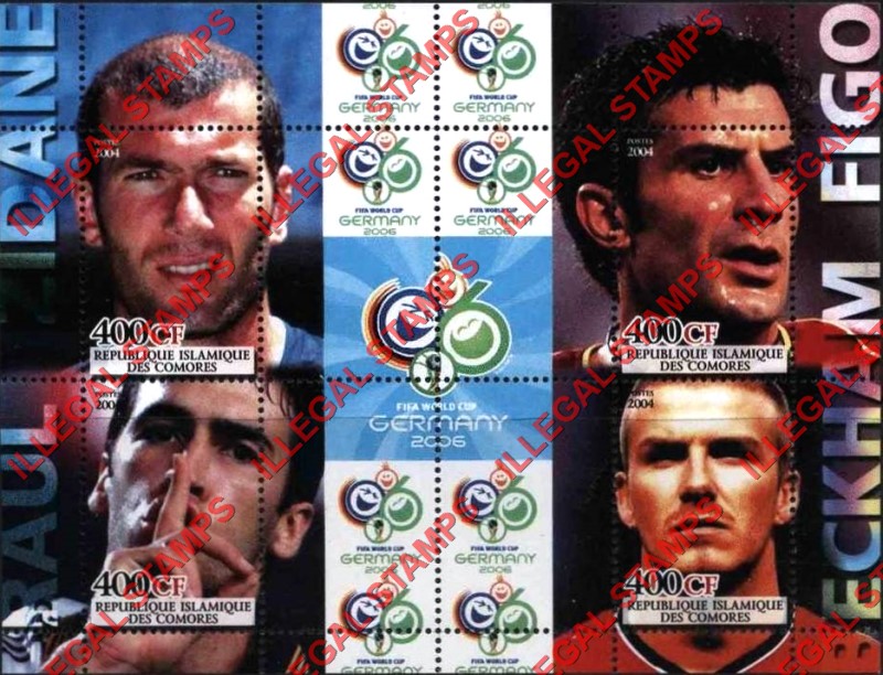 Comoro Islands 2004 FIFA World Cup Soccer in Germany in 2006 Football Players Counterfeit Illegal Stamp Souvenir Sheet of 4