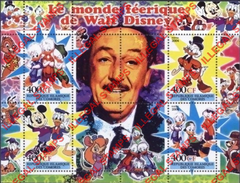 Comoro Islands 2004 The Magical World of Walt Disney Counterfeit Illegal Stamp Souvenir Sheet of 4 (Sheet 2)