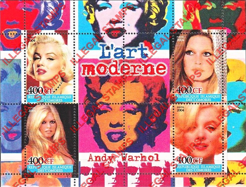 Comoro Islands 2004 Marilyn Monroe Modern Art by Andy Warhol Counterfeit Illegal Stamp Souvenir Sheet of 4