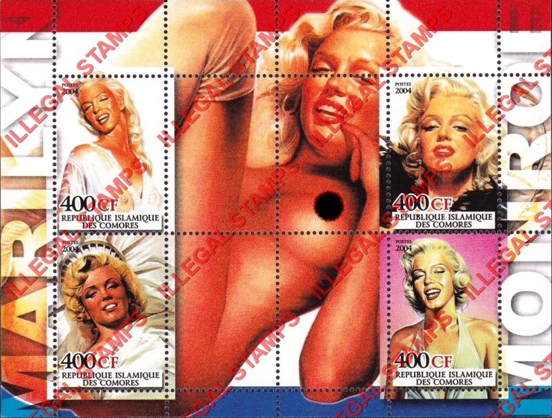 Comoro Islands 2004 Marilyn Monroe Counterfeit Illegal Stamp Souvenir Sheet of 4