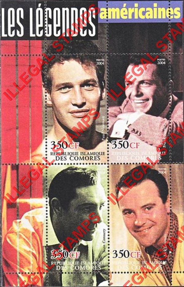 Comoro Islands 2004 Movie legends of the American screen Counterfeit Illegal Stamp Souvenir Sheet of 4 (Sheet 1)